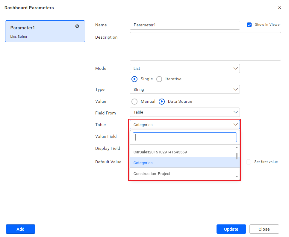 List data source Table