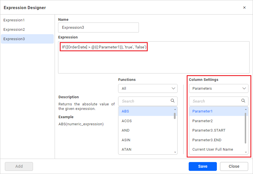 Use dashboard parameter in expression column