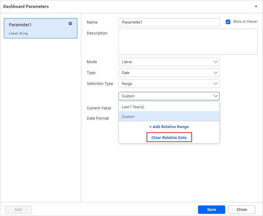 Dashboard Parameter relative range clear
