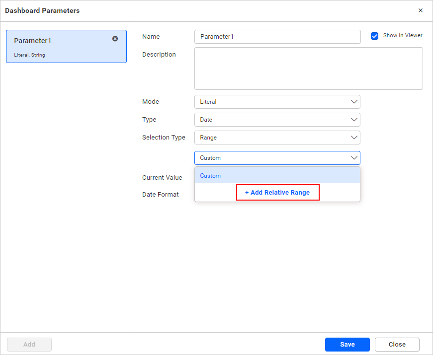 Dashboard Parameter relative range