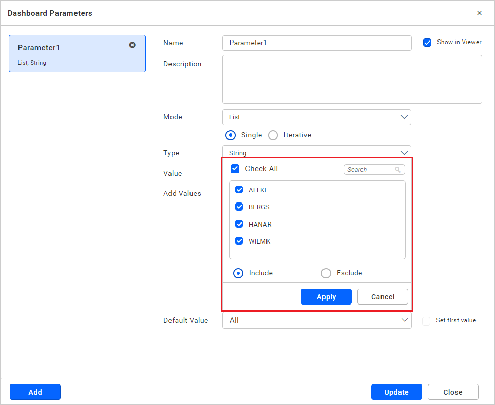 List mode value select