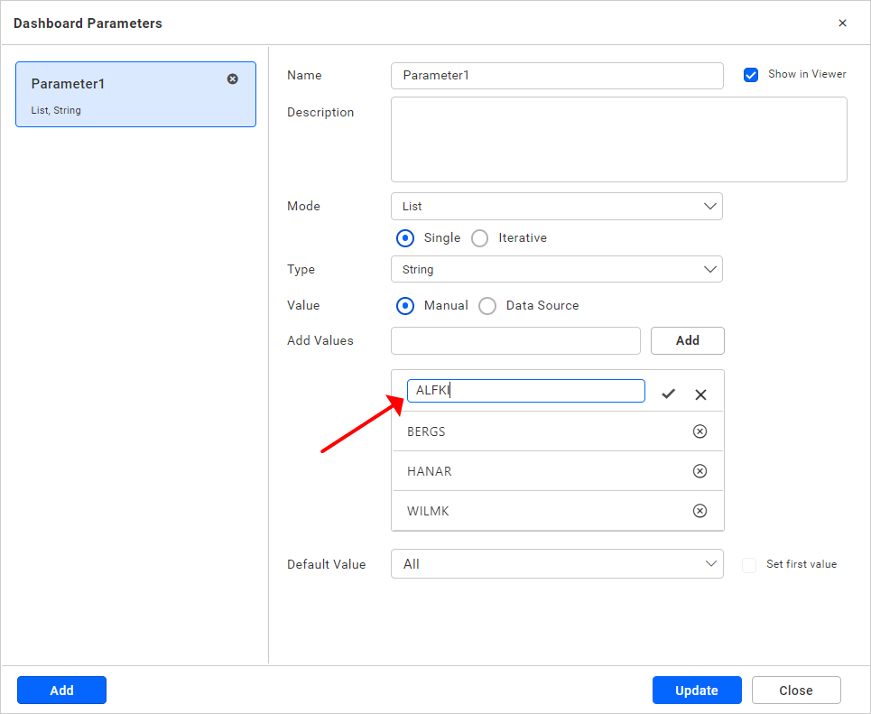 List mode manual value edit