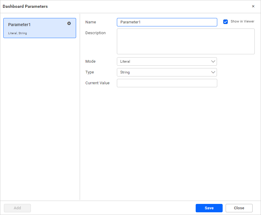 Dashboard Parameter window