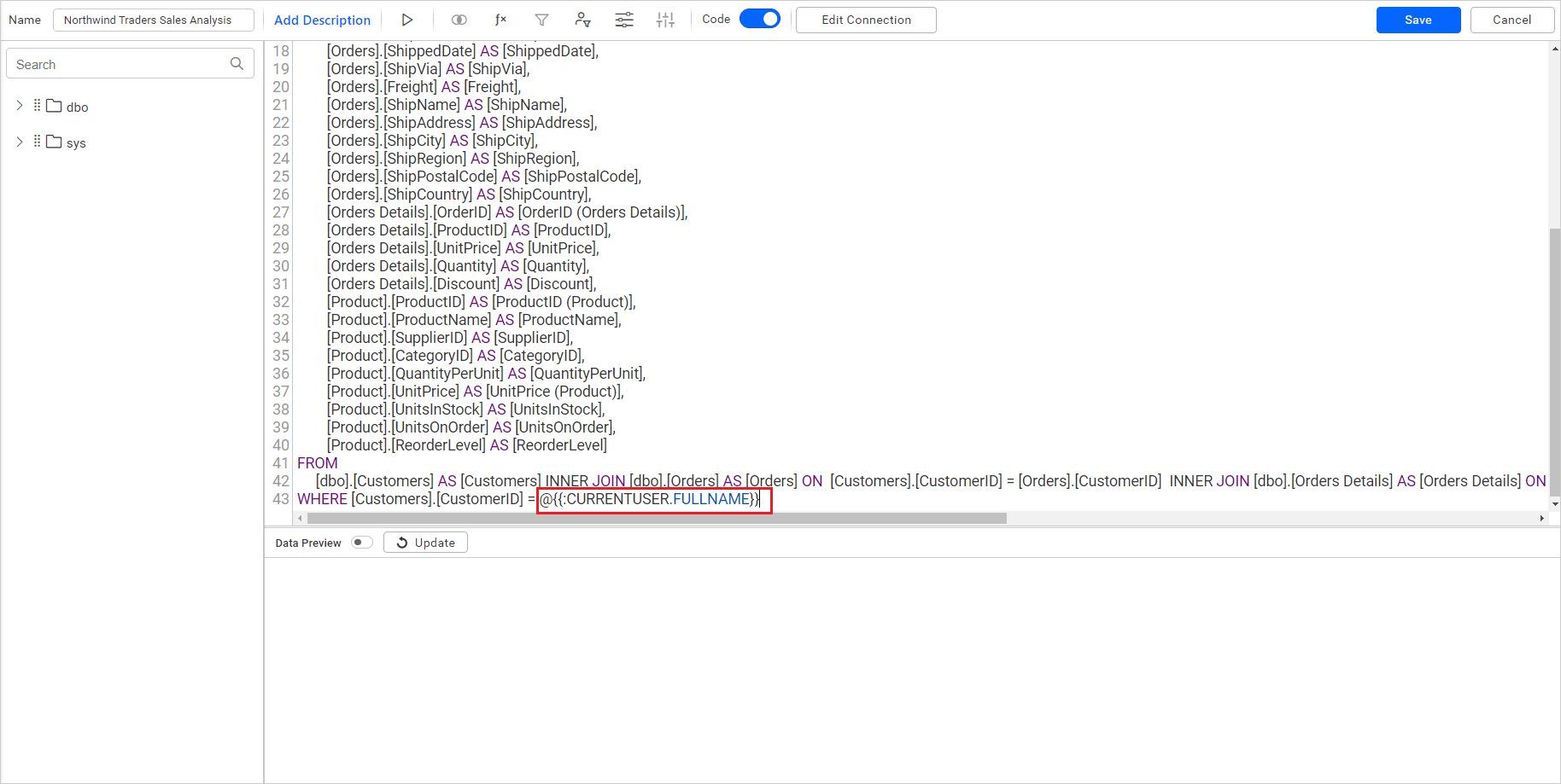 Use default parameter in Sales Analysis Dashboard