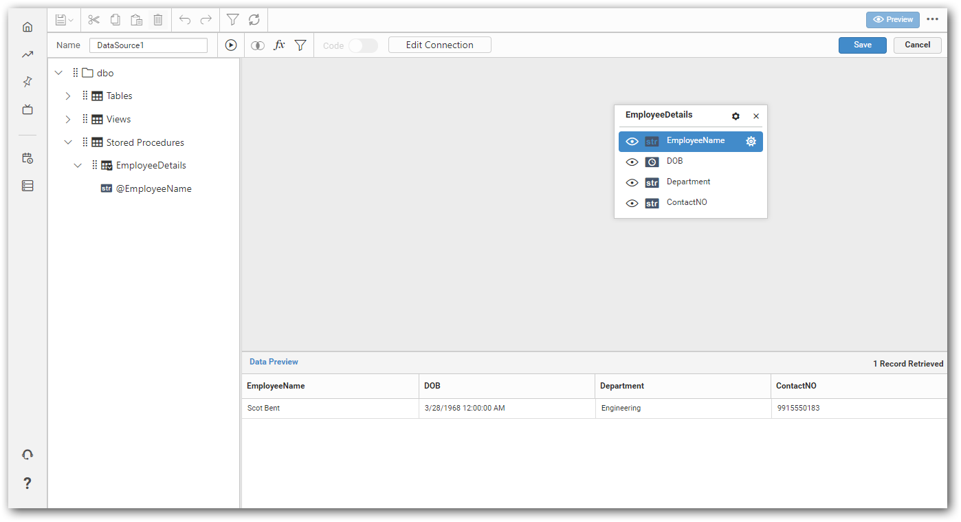 Create data design for stored procedure