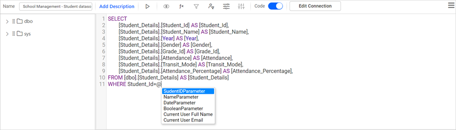Available dashboard parameters