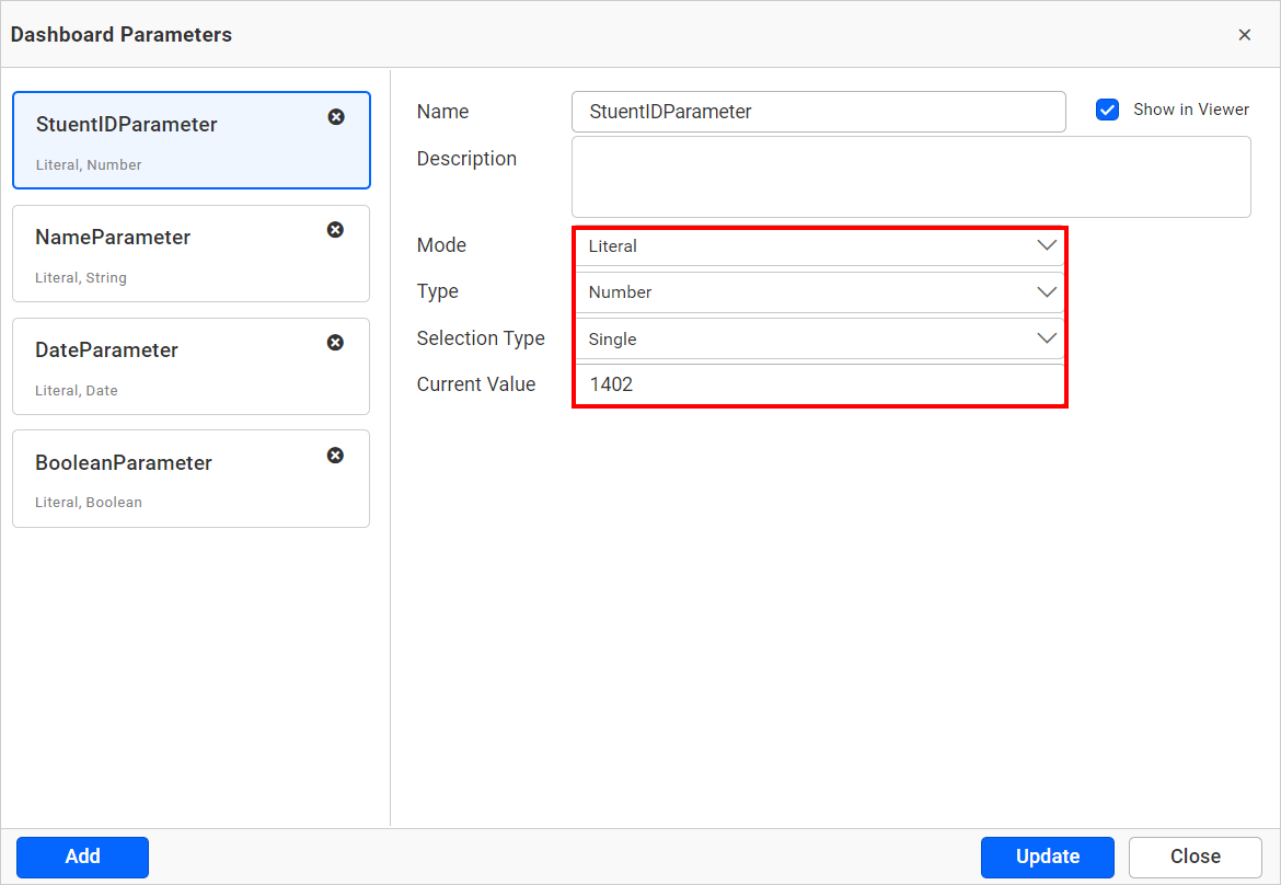 Configured dashboard parameters