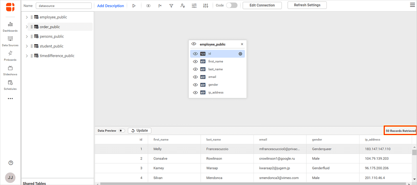 Data sampling table preview